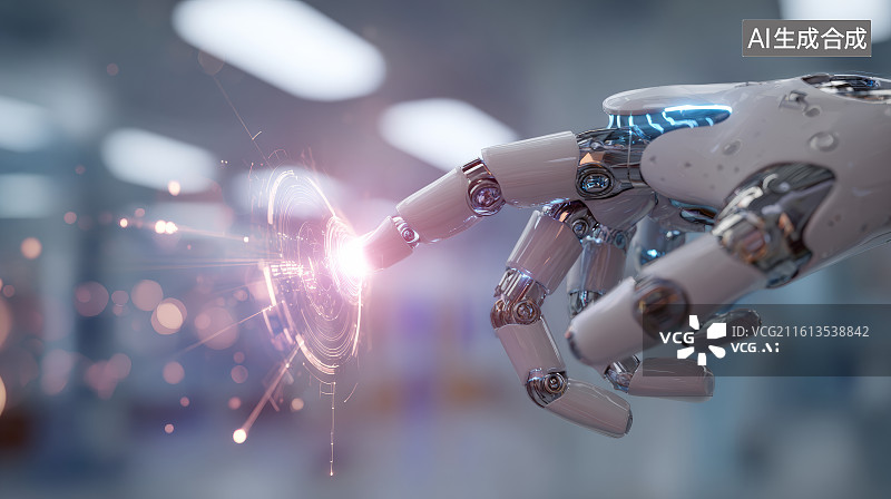 【AI数字艺术】伸出手指触碰发光虚拟界面的白色机械手臂特写图片素材