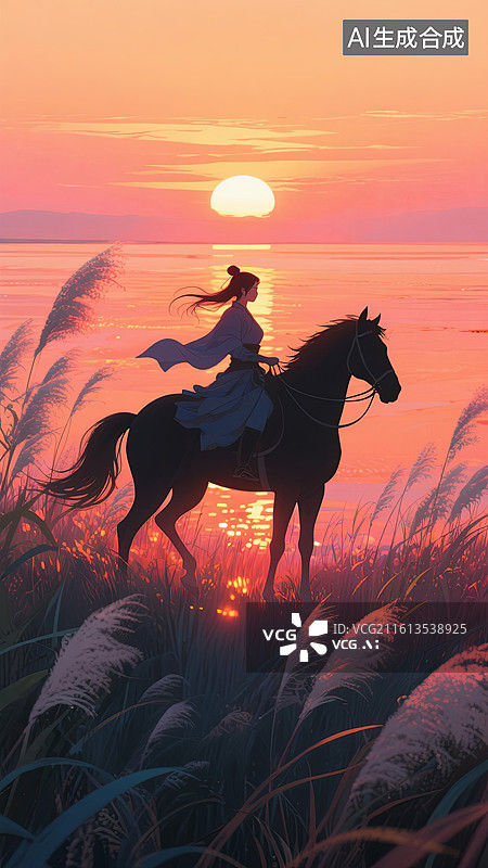 【AI数字艺术】夕阳芦苇荡中骑马的女侠国风插画图片素材
