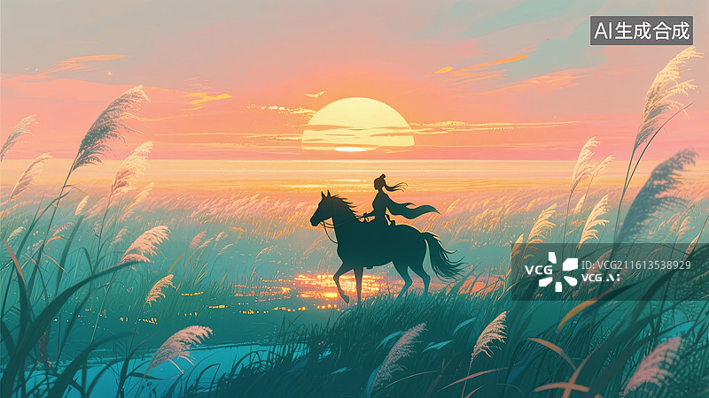 【AI数字艺术】夕阳芦苇荡中骑马的女侠国风插画图片素材