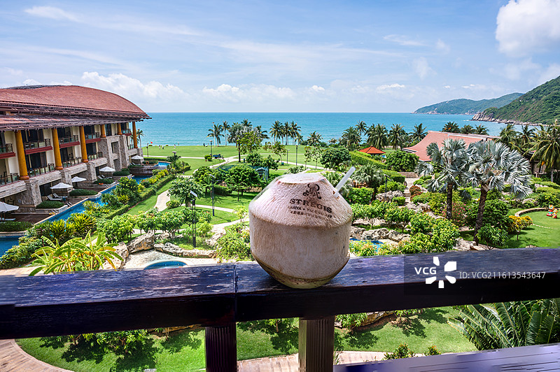 三亚亚龙湾豪华酒店阳台海景与椰子饮品图片素材