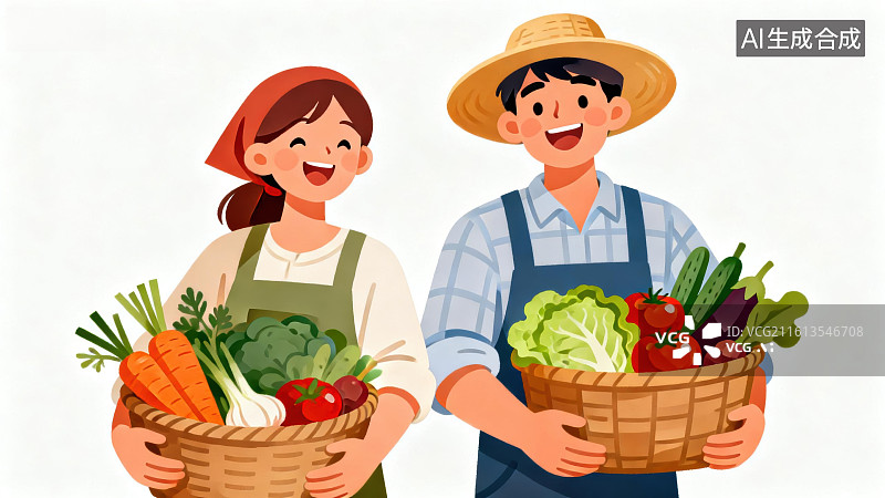 【AI数字艺术】农民夫妇手持蔬菜篮图片素材