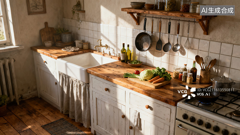 【AI数字艺术】复古温馨的乡村风格厨房空间图片素材