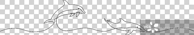 一对海豚的单线条连续画图片素材