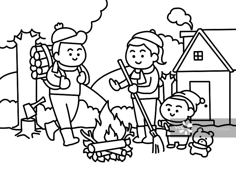 一家人收集木柴取暖图片素材