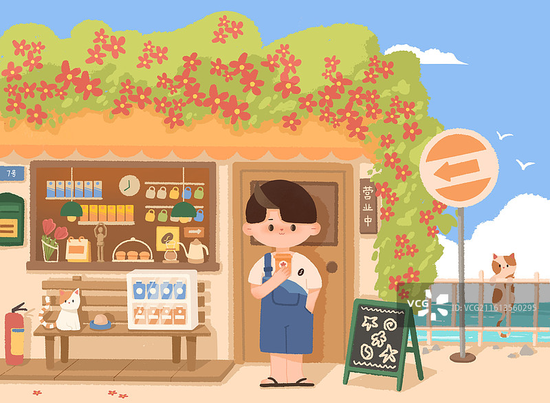 咖啡馆系列插画-海边图片素材