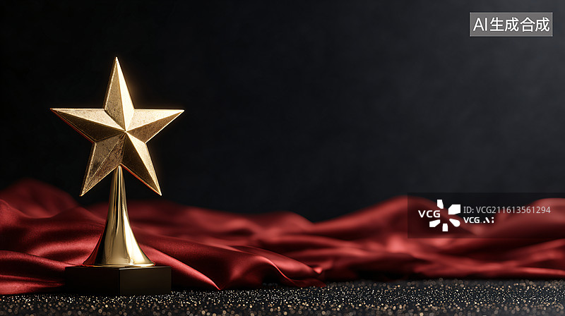 【AI数字艺术】黑色背景下带红绸的金色五角星奖杯图片素材