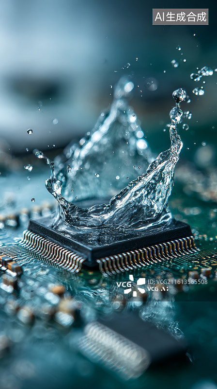 【AI数字艺术】溅落在电子芯片表面的动态水花微距特写图片素材