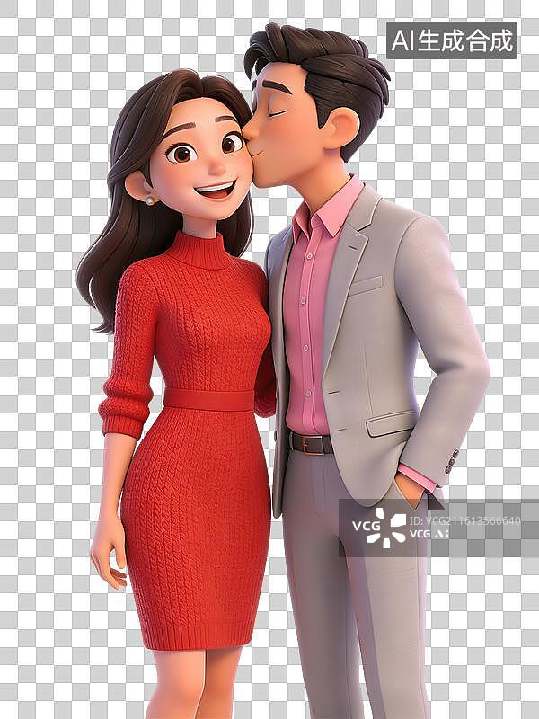 【AI数字艺术】一对年轻情侣，男子穿灰色西装，女子穿红色连衣裙，男子亲吻女子脸颊，两人面带微笑图片素材