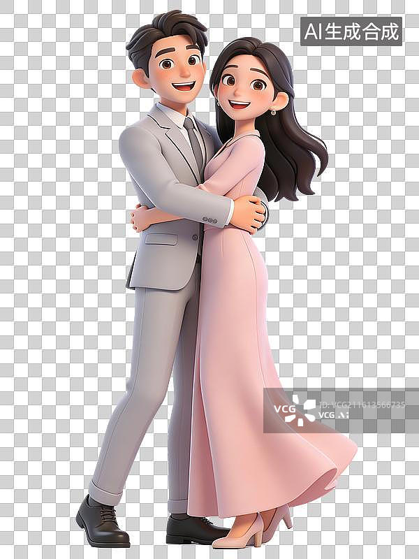 【AI数字艺术】一对年轻情侣面带微笑拥抱在一起，男士穿灰色西装，女士穿粉色长裙图片素材
