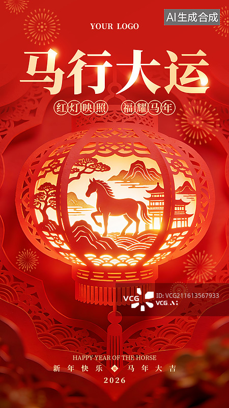【AI数字艺术】马行大运-剪纸风格马年商业海报手机海报设计模板图片素材