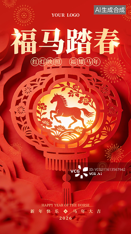 【AI数字艺术】福马踏春-剪纸风格马年商业海报手机海报设计模板图片素材