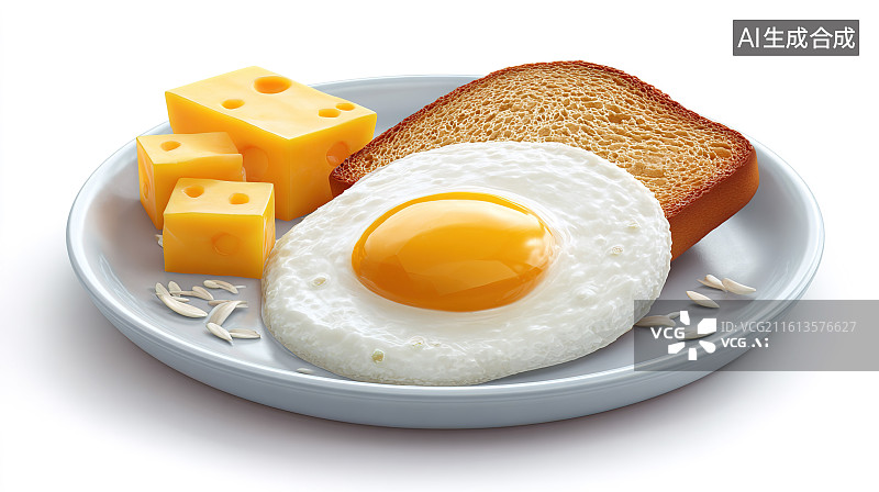 【AI数字艺术】白色背景下的早餐组合（煎蛋面包奶酪）场景图片素材