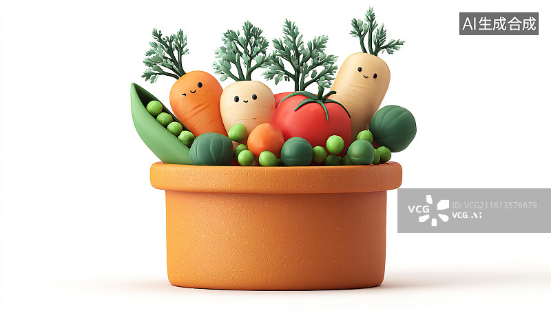 【AI数字艺术】白色背景下的卡通蔬菜陶盆萌系场景图片素材