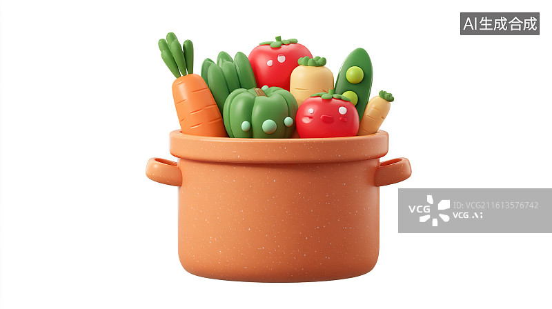 【AI数字艺术】白色背景下的卡通蔬菜陶盆萌系场景图片素材