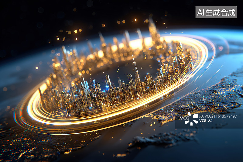 【AI数字艺术】科技未来悬浮在黑色宇宙的发光圆环反重力太空城移民基地3D卡通模型沙盘图片素材