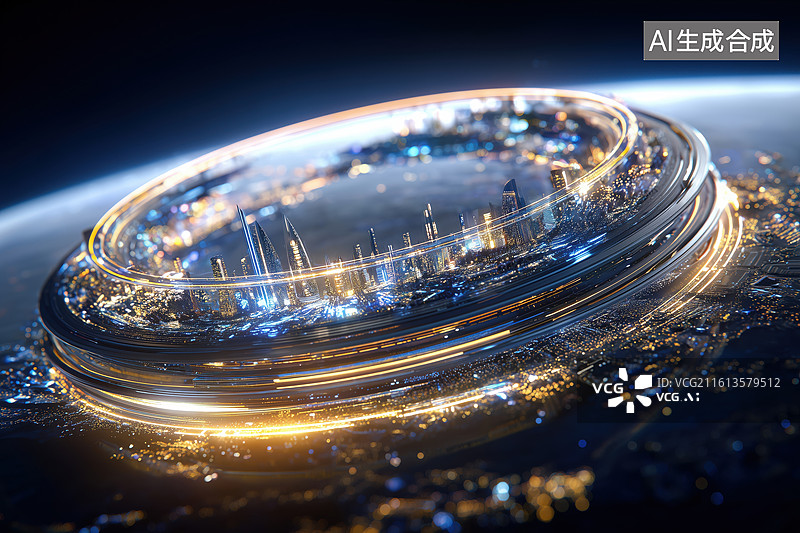 【AI数字艺术】科技未来悬浮在黑色宇宙的发光圆环反重力太空城移民基地3D卡通模型沙盘图片素材