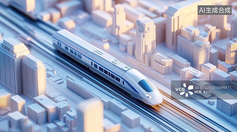 【AI数字艺术】2.5D卡通风格城市中穿梭的快速列车图片素材