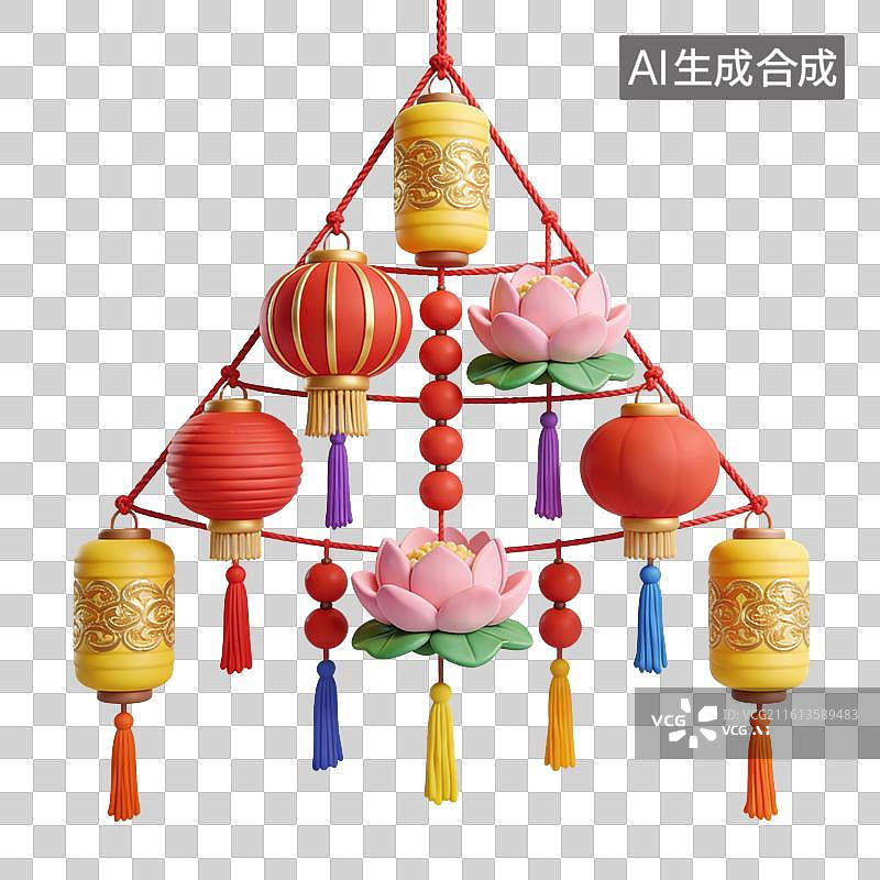 【AI数字艺术】3D立体中国风灯笼正月十五元宵节灯笼花灯元素图片素材