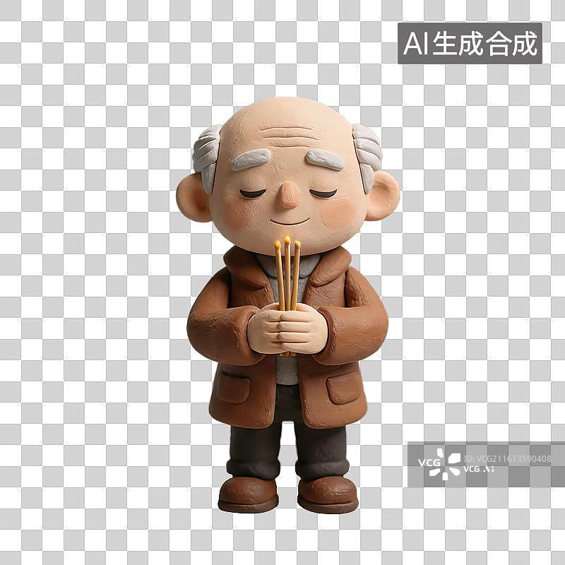 【AI数字艺术】3D立体老头手持三炷香祭拜祖先神明元素图片素材