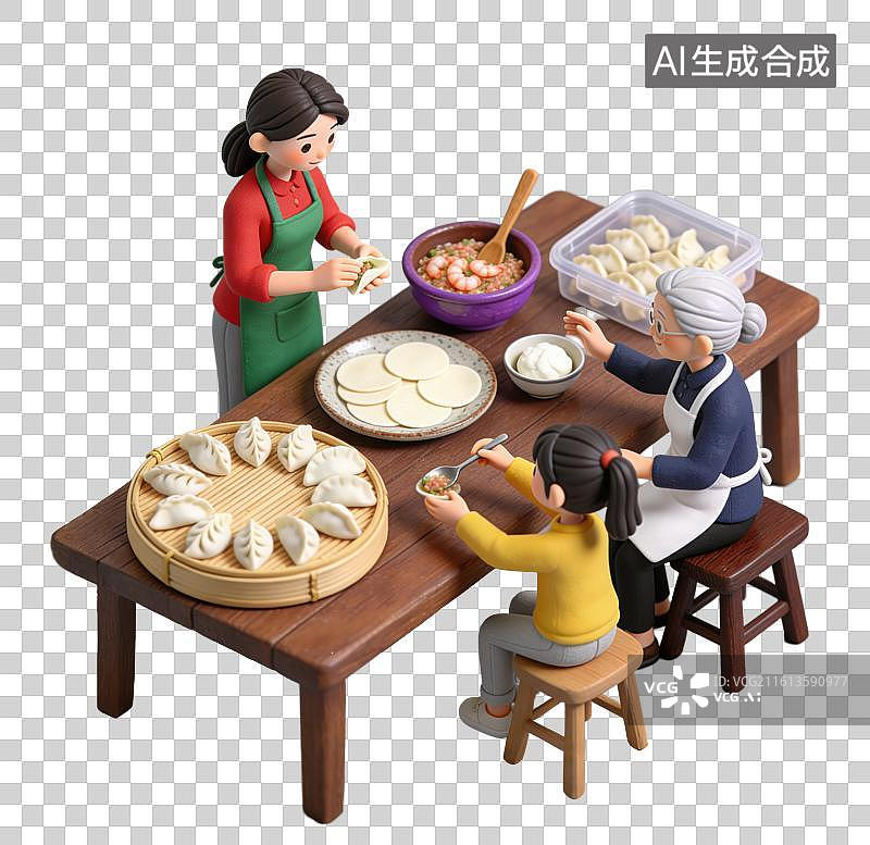 【AI数字艺术】3D立体春节家庭包饺子的准备场景木质案板小面团擀好的面皮擀面杖元素图片素材