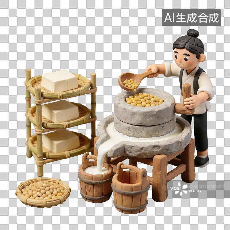 【AI数字艺术】3D立体传统石磨研磨黄豆豆浆制作豆腐场景三层竹制置物架上摆放着方块状豆腐元素图片素材