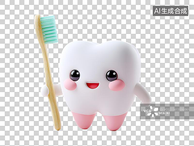 【AI数字艺术】一个可爱的卡通牙齿拿着一把牙刷图片素材