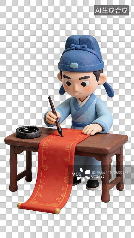 【AI数字艺术】3D粘土风穿着传统汉服的男子在桌前拿着毛笔在红纸上写春联文房书写场景元素图片素材
