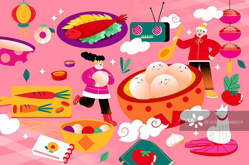 卡通新年春节腊八节元宵节美食餐饮汤圆吃饭火锅聚餐年夜饭家人亲子团圆拜年过年中国风国潮渐变矢量插画图片素材