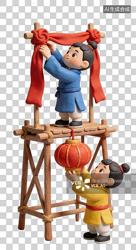 【AI数字艺术】3D粘土风正月十五元宵节身着汉服的男子在挂灯笼准备花灯灯节元素图片素材