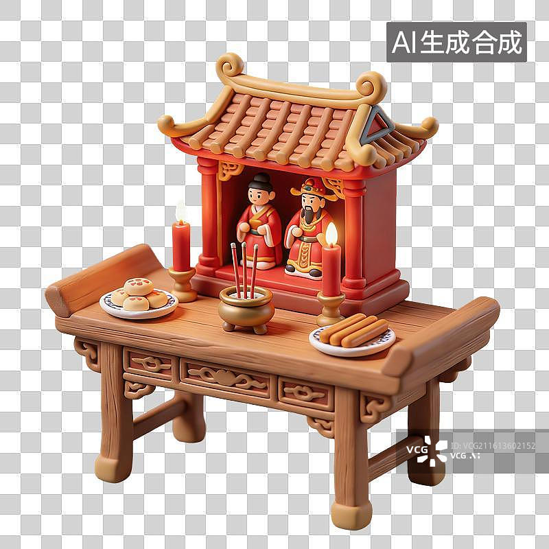 【AI数字艺术】3D粘土风财神爷木桌上摆放贡品元素图片素材