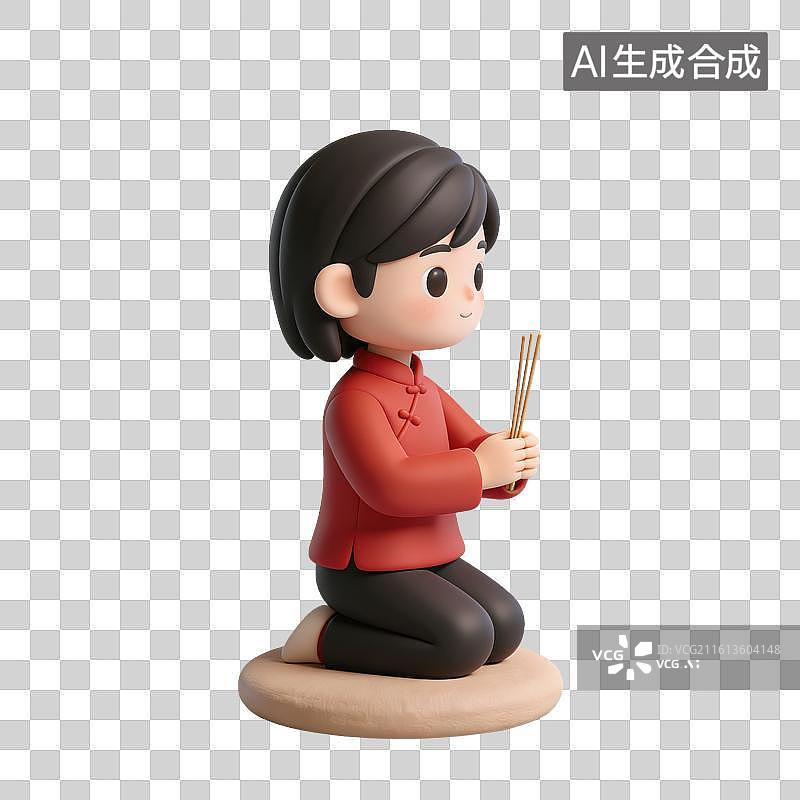 【AI数字艺术】3D立体女孩手持三炷香跪在蒲团上祭拜祖先神明元素图片素材