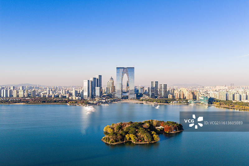 苏州园区金鸡湖及周边城市建筑航拍图片素材