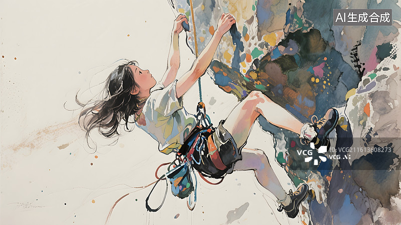 【AI数字艺术】彩绘绘本攀岩的女孩，极限运动冒险图片素材