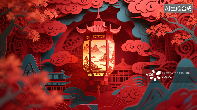 【AI数字艺术】抽象折纸灯笼红色极简中国风贺卡背景图片素材