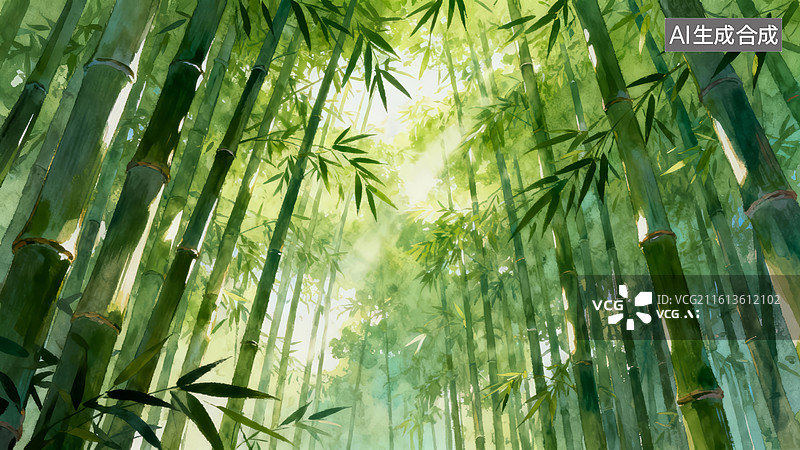 【AI数字艺术】阳光竹林中的翠绿竹茎图片素材