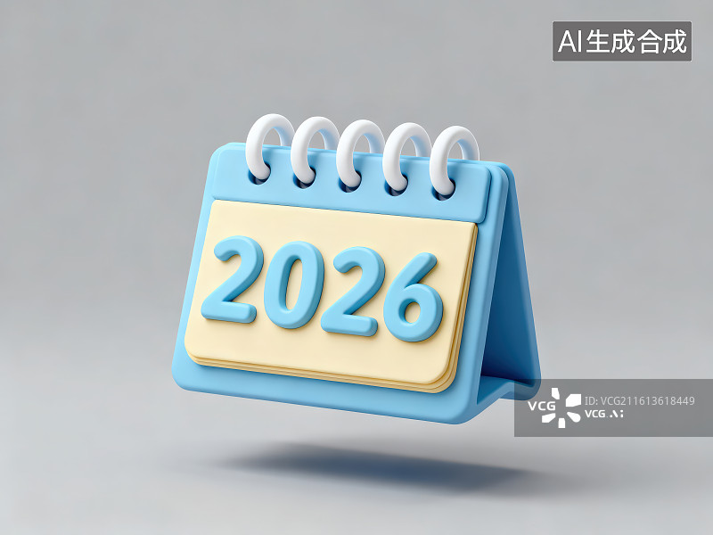 【AI数字艺术】灰色背景下的悬浮在半空中的带有数字2026的蓝色日历台历记事本图片素材