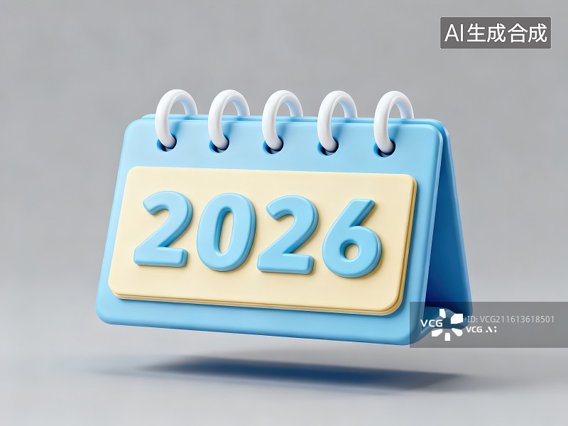 【AI数字艺术】灰色背景下的悬浮在半空中的带有数字2026的蓝色日历台历记事本图片素材