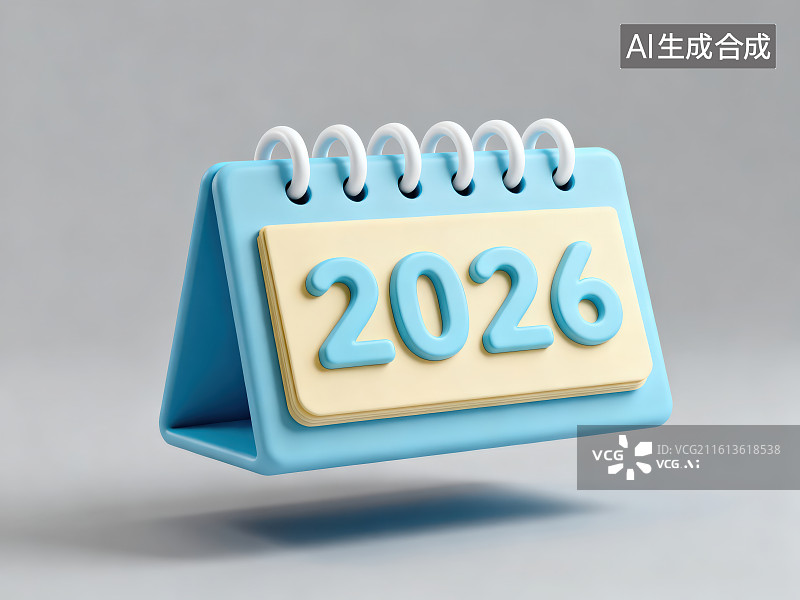 【AI数字艺术】灰色背景下的悬浮在半空中的带有数字2026的蓝色日历台历记事本图片素材