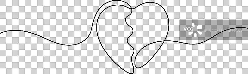 破碎的心，白色背景上的连续线条画图片素材