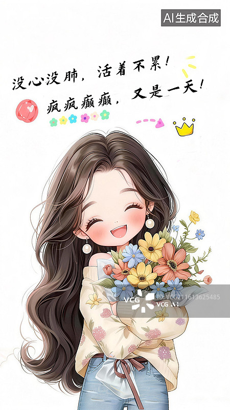【AI数字艺术】手绘卡通开心抱花少女心情壁纸插画图片素材