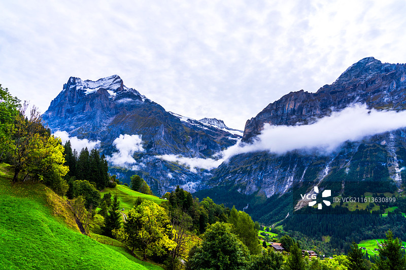 瑞士格林德瓦小镇  雪山下的风景 红色民居图片素材