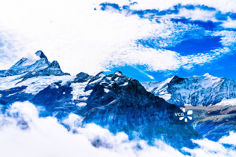 瑞士格林德瓦雪山  白雪皑皑的群山映衬着多云的天空图片素材