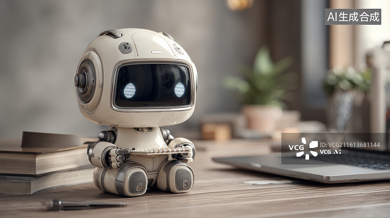 【AI数字艺术】温馨书房桌面上手持平板电脑的可爱小型机器人图片素材