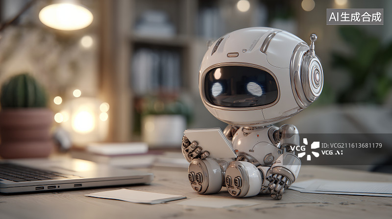 【AI数字艺术】温馨书房桌面上手持平板电脑的可爱小型机器人图片素材