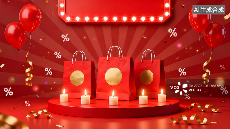 【AI数字艺术】红色购物袋与节日装饰图片素材