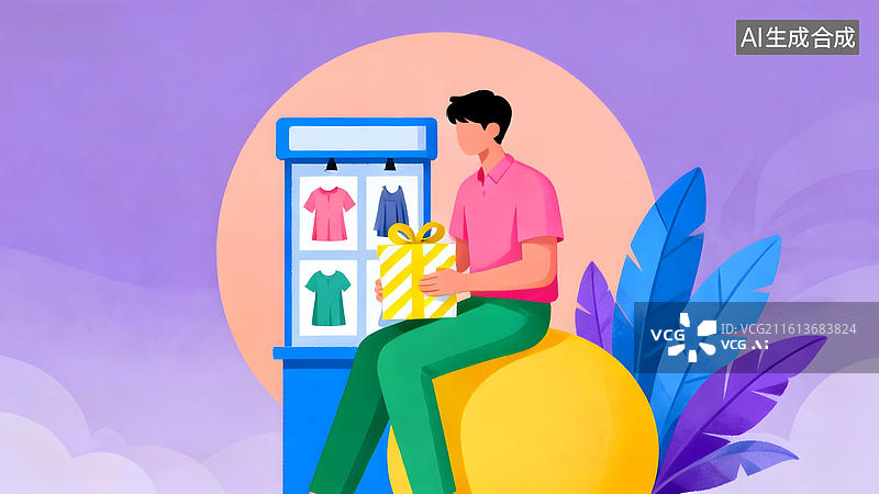 【AI数字艺术】男子坐在球上购物图片素材