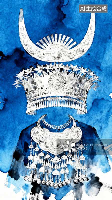 【AI数字艺术】苗族女性的盛装和银饰民族文化淡彩水墨插画图片素材