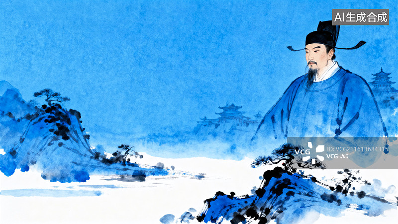 【AI数字艺术】宋代官员穿戴官服官帽山水树木古建筑淡彩水墨插画图片素材