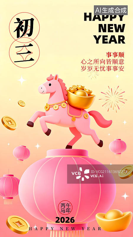 【AI数字艺术】马年春节年俗 正月初三插画海报图片素材