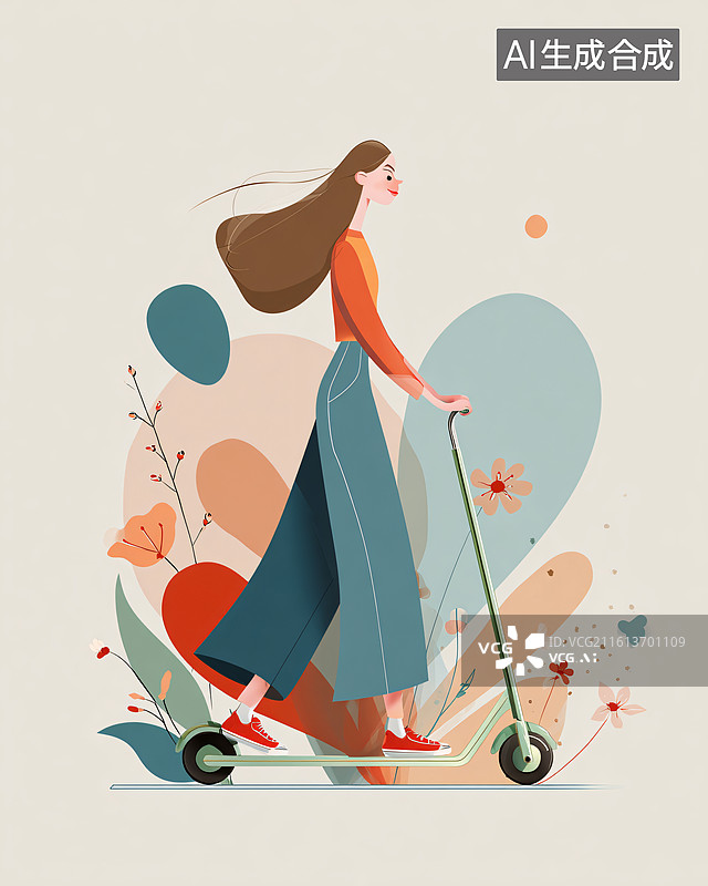 【AI数字艺术】女孩骑乘轻便摩托的清新插画图片素材